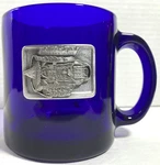Vtg Aerospace Cobalt Blue Glass Mug W/ Pewter Emblem. Fixed Price $19.00.
